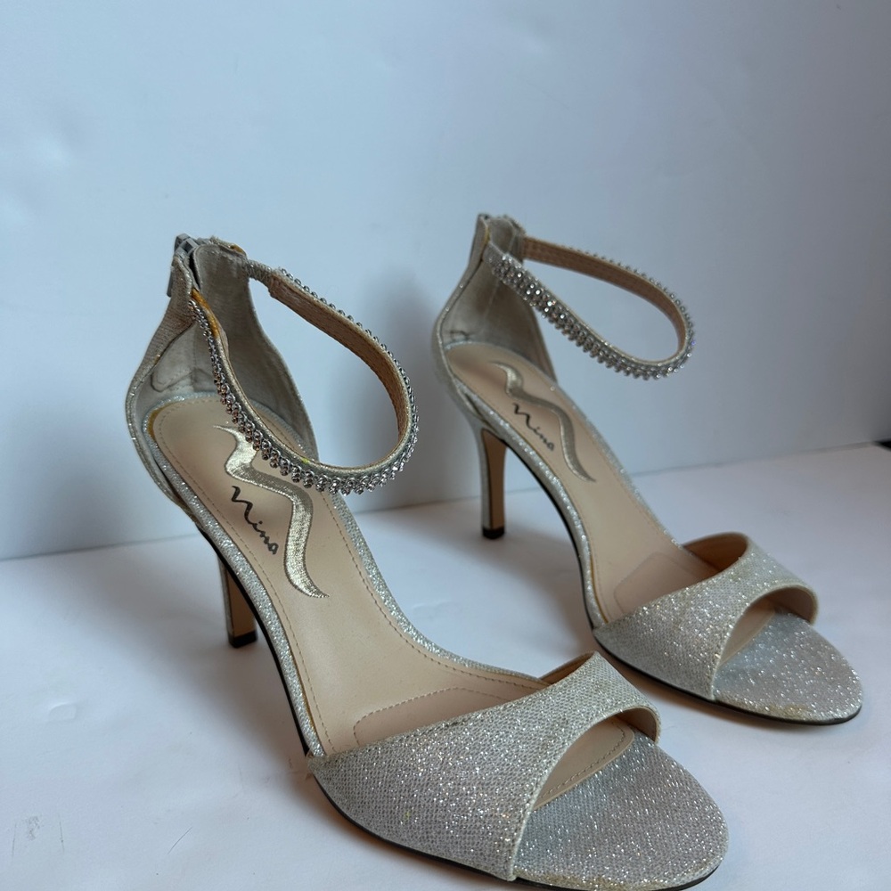 Nina Silver Heels with Glitter Finish and Ankle Strap